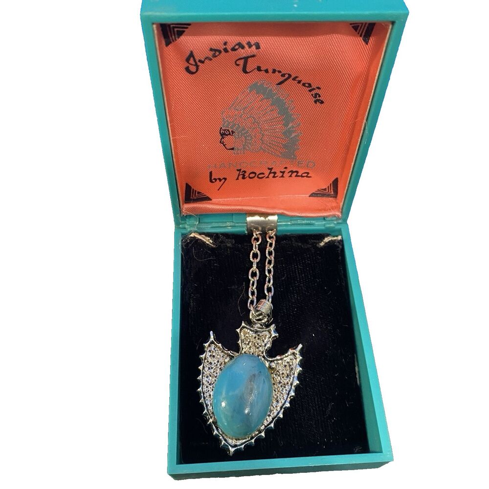 Vintage Rochina Blue Stone Pendant Necklace Silver Tone Original Box